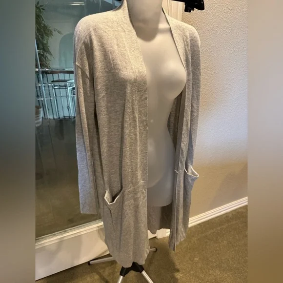 Light Gray Open Front Long 5% Cashmere Cardigan Sz S - Picture 1 of 15